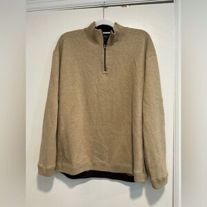 Hathaway Men Size L Tan 1/4 Zip Cotton Pullover Sweater Contrast Brown Topstitch